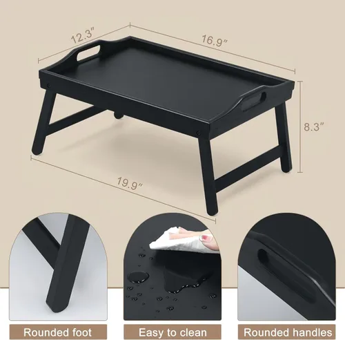 Miniatura 7 de Paquete de 2 bandejas de cama para mesa de desayuno, bandejas de servir, bandeja de bambú para cama portátil con patas plegables, asas y soportes