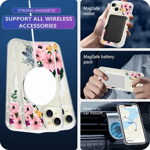 Miniatura 4 de Funda magnética de flores para iPhone 15 [compatible con MagSafe] Bonito patrón floral transparente a prueba de golpes