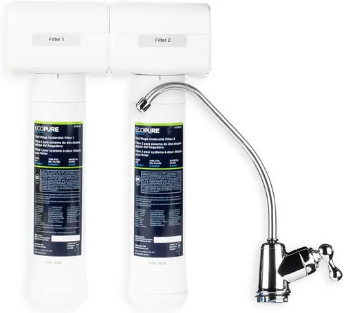EcoPure ECOP20 Sistema de filtro de agua para debajo del fregadero de 2 etapas - Certificado NSF para reducir 58 contaminantes - Agua potable limpia