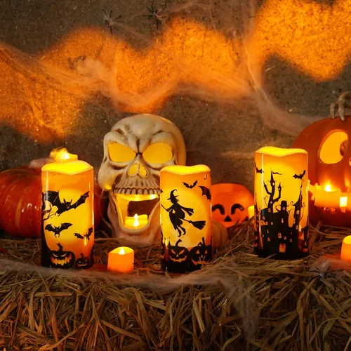 Miniatura 4 de Homemory Velas de Halloween, velas sin llama naranjas, velas led de pilas impermeables para exteriores con calabazas impresas, con mando a distancia