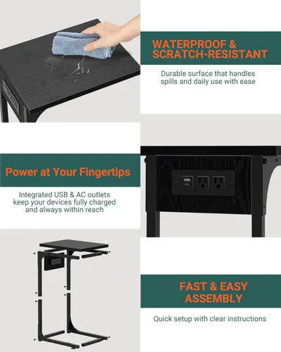 Miniatura 3 de Mesa auxiliar en forma de C para sofá, soporte de café pequeño, bandeja de sofá con marco de metal, parte superior de madera impermeable resistente