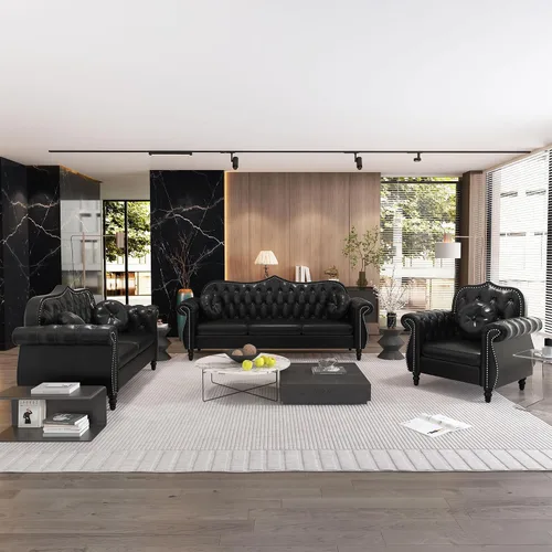 Miniatura 5 de AVZEAR 82" Sofá de tres plazas de cuero, sofá Chesterfield, sofá tapizado en PU de estilo moderno de mediados de siglo, sofá de sala de estar