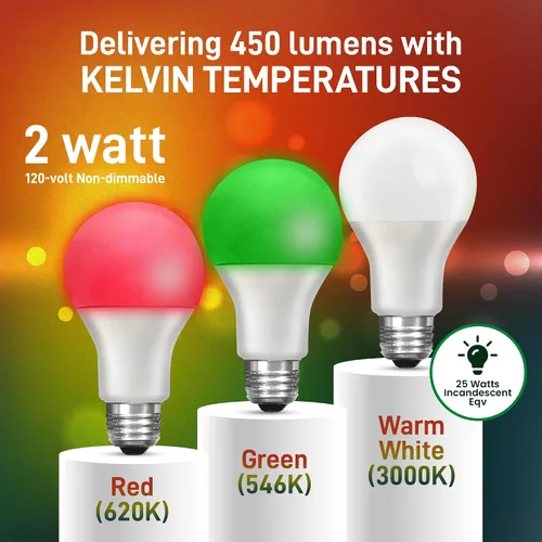 Miniatura 4 de Bombilla LED automática que cambia de color – Ciclos automáticamente entre rojo/verde/blanco cada 5 segundos – A19, E26, 2 W, bombilla LED de porche