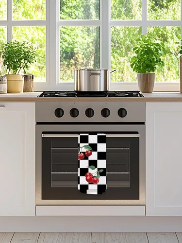 Miniatura 3 de Toallas de mano de cereza para cocina y baño – Toallas de té decorativas retro a cuadros en blanco y negro, accesorios de decoración de cocina