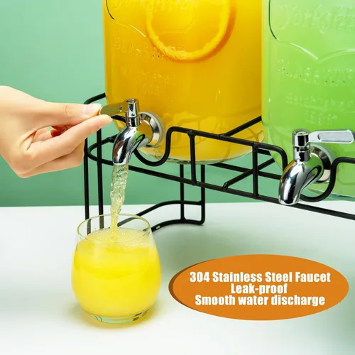 Miniatura 4 de Dispensadores de bebidas de vidrio de 1 galón para fiestas, paquete de 2 dispensadores de bebidas con soporte, cilindro de hielo y espita de acero