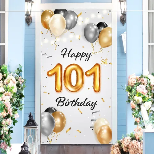 Cartel de feliz cumpleaños número 101 – Cubierta de puerta de fiesta de cumpleaños número 101 para mujeres y hombres – Saludos a 101 años –