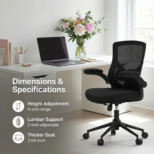 Miniatura 2 de Silla de oficina ergonómica, silla de escritorio de malla con respaldo alto con cojín de espuma moldeada, soporte lumbar ajustable, función de Negro