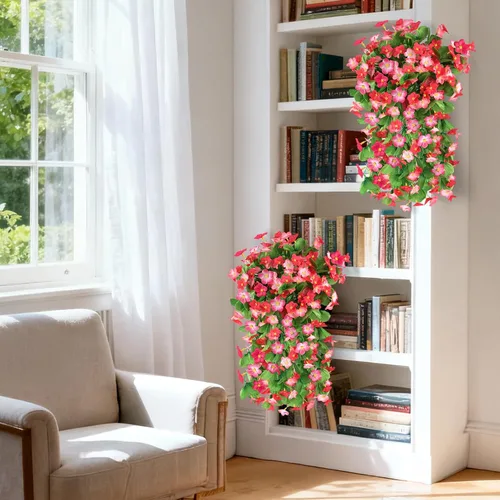 Miniatura 5 de Flores colgantes artificiales para exteriores, 2 piezas de plantas colgantes artificiales al aire libre, decoración de primavera y verano