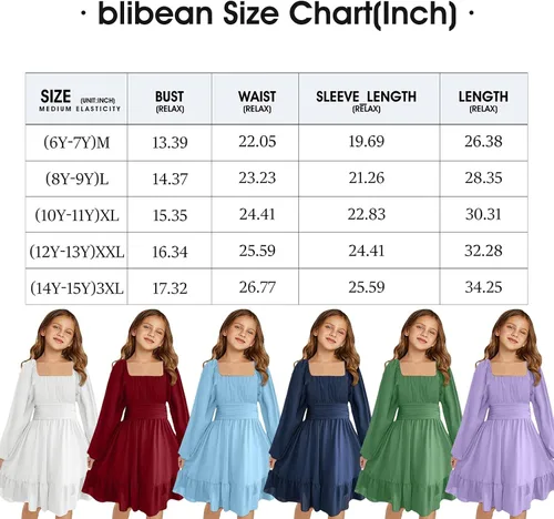 Miniatura 6 de blibean Vestido de manga larga con lazo en la espalda para niñas, vestido de otoño con hombros descubiertos, talla 6-15 años