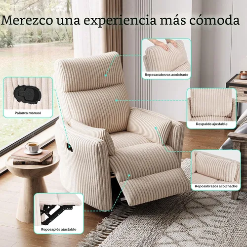 Miniatura 5 de LINSY Silla reclinable giratoria 360, mecedora para guardería con 2 almohadas, silla de enfermería de pana, cómoda silla de enfermería con respaldo