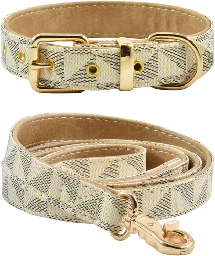 Miniatura 8 de Juego de collar y correa de cuero para perro, correas de collar de perro con patrón de cuadros, hebilla de metal ajustable y duradera para perros