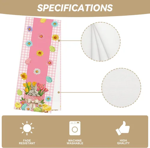 Miniatura 6 de Camino de mesa de Pascua a cuadros de búfalo rosa y blanco, huevo de Pascua, conejito, margarita, tulipán, decoración de mesa floral, primavera