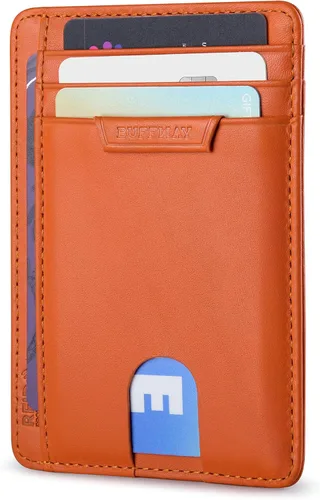 Buffway Cartera delgada para hombres y mujeres, minimalista, pequeña, de cuero, con bolsillo frontal, con bloqueo RFID y caja de regalo, Bassa