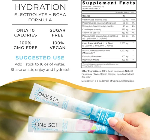 Miniatura 2 de One Sol BCAA y polvo de electrolitos para hidratación y energía, fórmula totalmente natural, 100% vegano, sin OMG, sin gluten y sin soja, promueve