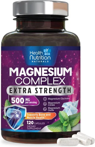 Complejo de magnesio de 500 mg por porción – Cápsulas de polvo de magnesio de absorción máxima para músculos, nervios, huesos y corazón, complejo de