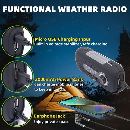 Miniatura 2 de Radio meteorológica Hank Crank, radio meteorológica NOAA, radio AM FM, radio de emergencia impermeable con linterna LED y cargador de teléfono