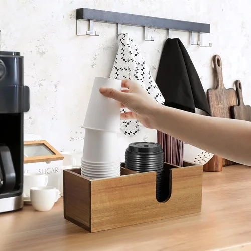 Miniatura 3 de Organizador de tazas de café de madera de acacia ALELION para mostrador - Accesorios y organizador de barra de café de madera - Organizador