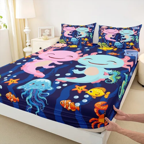 Miniatura 31 de Lindo Axolotl - Sábana bajera ajustable para niños, tamaño individual, juego de ropa de cama de animales marinos de dibujos animados, decoración