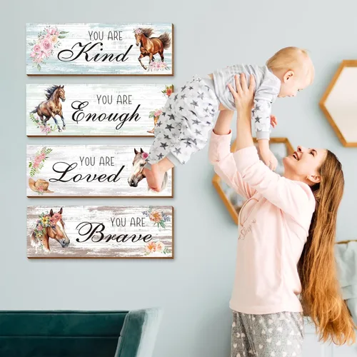 Miniatura 2 de Thrist Decoración de pared con temática de caballo de vaquera, 4 piezas de madera inspiradora de vaquera, arte de pared de caballo, pintura amada