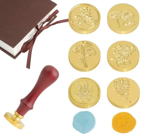 Miniatura 10 de Juego de sellos de cera de cobre, 6 sellos de cera, 1 mango de madera, kit de sellos de cera de sellado clásico, frases de felicitación