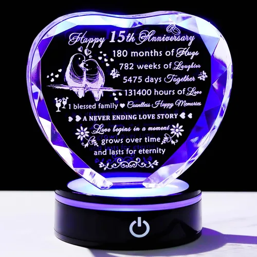 Miniatura 8 de YWHL Regalos de corazón de cristal para parejas con base LED, grabado con láser, regalo de recuerdo de feliz décimo aniversario para esposa, marido