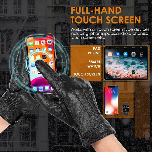 Miniatura 4 de Kalapa Guantes de piel de oveja genuina para hombre, guantes de invierno cálidos para pantalla táctil, guantes de motocicleta con forro de cachemira