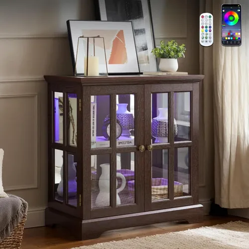 Miniatura 13 de Gabinete de 32 pulgadas de alto LED Accent Curio con 7 luces de color para coleccionables, gabinete de almacenamiento moderno con puertas de vidrio