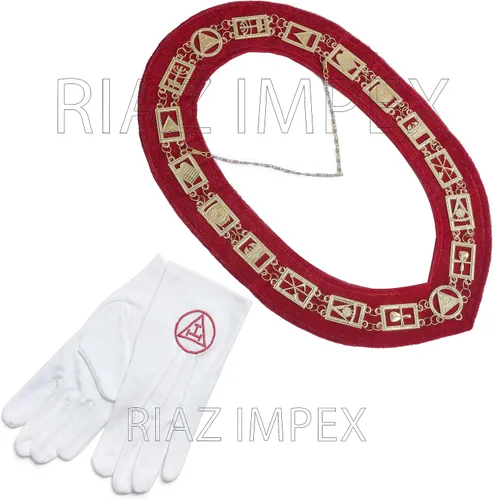 Miniatura 2 de Collar de cadena de metal Masonic Regalia Royal Arch Mark Master con guantes bordados de algodón blanco, Algodón Metal