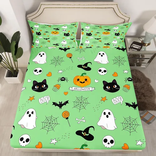 Miniatura 37 de Juego de ropa de cama de Halloween con patrón de sombras kawaii, sábana bajera tamaño queen, decoraciones de calabaza, luces de calabaza góticas