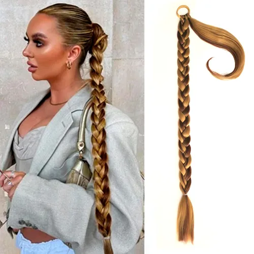 Miniatura 16 de Extensiones de cola de caballo trenzada de 20 pulgadas de largo para mujer, extensiones de cabello lacio envolvente con banda para el cabello, cola