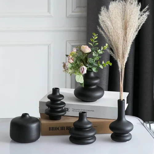 JOJUNO - Juego de 5 jarrones negros de brotes, pequeños jarrones de cerámica, mini jarrones de cerámica para flores, jarrones decorativos para