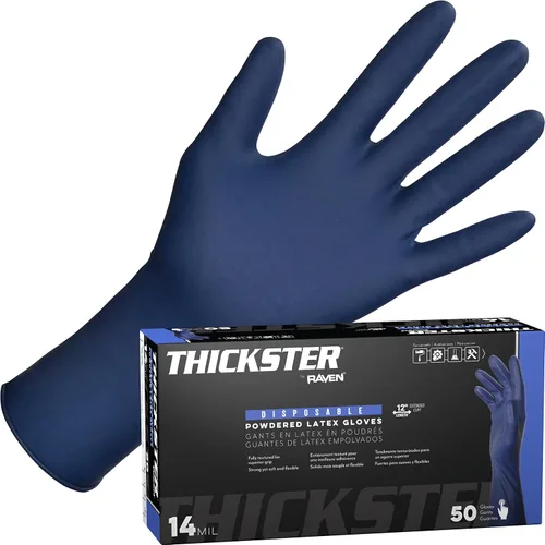 SAS Thickster - Guantes desechables de látex en polvo, 10 cajas/50 Ea. 500 guantes en total. 14 mil, XL, azul. Totalmente texturizados. Longitud de
