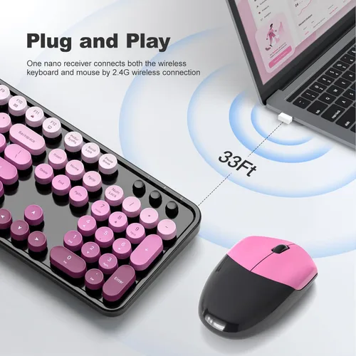 Miniatura 121 de KNOWSQT Combo de teclado y ratón inalámbrico, teclados lindos de tamaño completo estilo máquina de escribir 2.4G azul colorido - receptor USB Plug