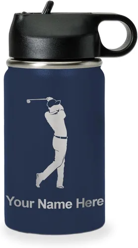 Miniatura 17 de LaserGram Botella de agua personalizada, golfista de golf, acero inoxidable de doble pared aislada al vacío con popote superior, regalo grabado Negro