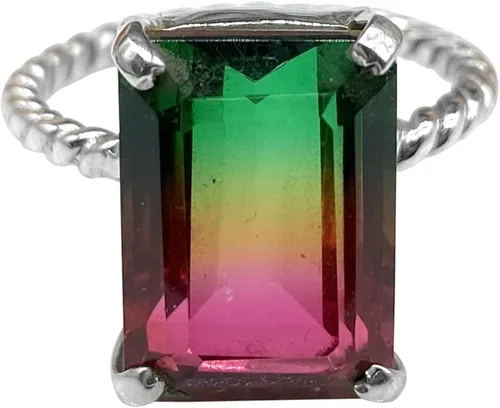 Anillo clásico de turmalina de sandía, anillo de turmalina doble de cristal, anillo de plata en forma de octágono de tricolor, joyería de plata