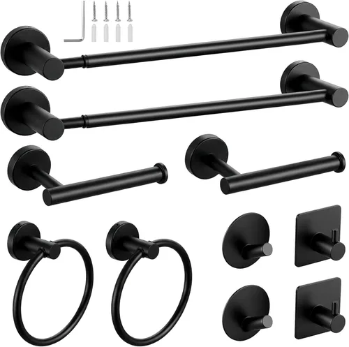 Juego de 10 accesorios de baño negro mate, juego de toallas de baño ajustables de 14.5-24 pulgadas, juego de accesorios de baño de acero inoxidable