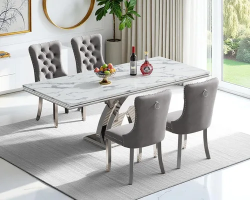 Miniatura 64 de Moderno juego de mesa de comedor de mármol sintético de 68.11 pulgadas para 6, mesa de comedor de mármol blanco y plateado con 6 sillas de Blanco