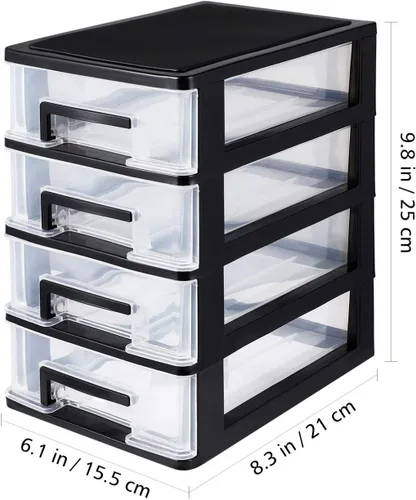 Miniatura 3 de Organizador de almacenamiento de escritorio de 4 cajones, contenedores de plástico, organizador de aparador para el hogar (negro y transparente)