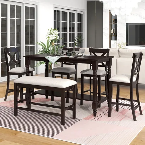 Miniatura 14 de LUMISOL Juego de 6 mesas de comedor de estilo rústico para 6, mesa de cocina de madera maciza de 60 pulgadas con banco y 4 sillas, acabado marrón