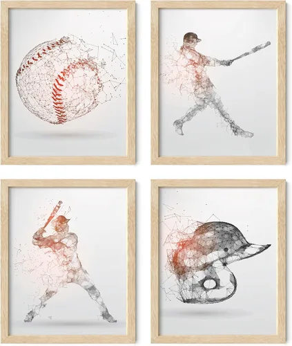 Miniatura 12 de Impresiones artísticas de pared de béisbol, juego de 4 pósteres de béisbol sin marco, decoración de habitación para hombres, niños y adolescentes