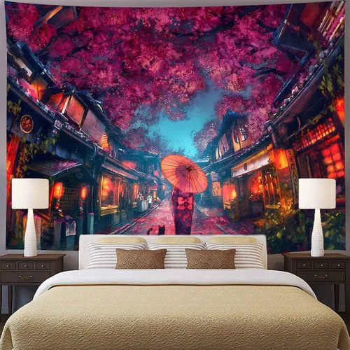 Miniatura 2 de Aidatain Tapiz de anime japonés antiguo japonés de paisaje de calle nocturna, tapiz de farol de flor de cerezo, tapiz grande de 80 x 60 pulgadas