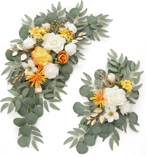 Miniatura 12 de Muhanjia Letrero de boda con estampado de flores sintéticas (paquete de 2) para ceremonia, fiesta, recepción, entrada, decoración floral, caballete