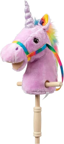 Miniatura 11 de HollyHOME Caballo de unicornio con lentejuelas, caballo de juguete artesanal con palo y ruedas de madera, sonidos reales de relincho y galope de Azul