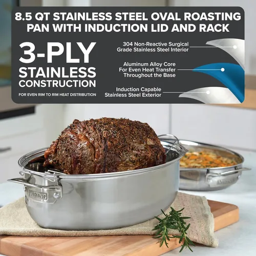 Miniatura 2 de Asador ovalado de acero inoxidable Viking, 3 capas, con tapa y estante de inducción de metal, 8.5 cuartos de galón