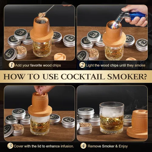 Miniatura 8 de Kit de ahumador de whisky con antorcha, kit de ahumador de cóctel a la antigua moda con chips de madera de 6 sabores, 2 bolas de hielo de acero