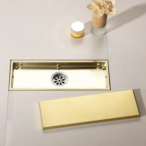 Miniatura 5 de Tubo de drenaje de ducha lineal de 12 pulgadas, oro cepillado, con rejilla de inserción de azulejos, cubierta oculta desmontable, drenaje