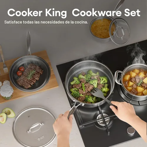 Miniatura 8 de COOKER KING Juego de utensilios de cocina de acero inoxidable, juego de 8 ollas y sartenes, utensilios de cocina de cerámica híbrida, sartenes