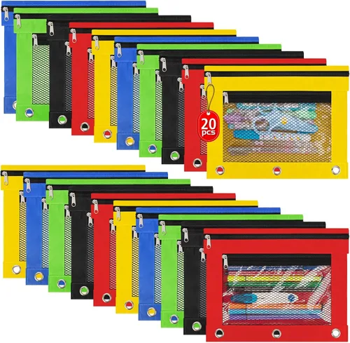 Paquete de 20 bolsas para lápices para carpetas de 3 anillos con cremallera, bolsas para lápices para aula, bolsa a granel para lápices, estuche