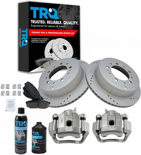 TRQ Kit de pastilla de freno, pinza y rotor, con kit químico de cerámica compatible con Toyota Sequoia 2008-2015 Tundra 2007-2015