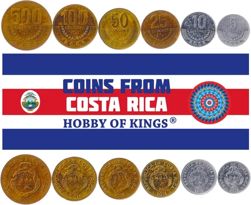 Miniatura 2 de 6 Coins de Costa Rica Colección de Monedas Costa Rica Tico 5 10 25 50 100 500 Colones Circulado 1997-2005 Barco Estrella Volcán Rama